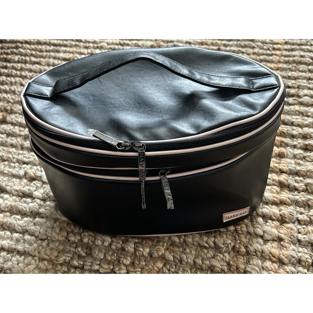 Mary Kay Cosmetic Train Case-Double Compartment-Black Faux Leather Pink Accents